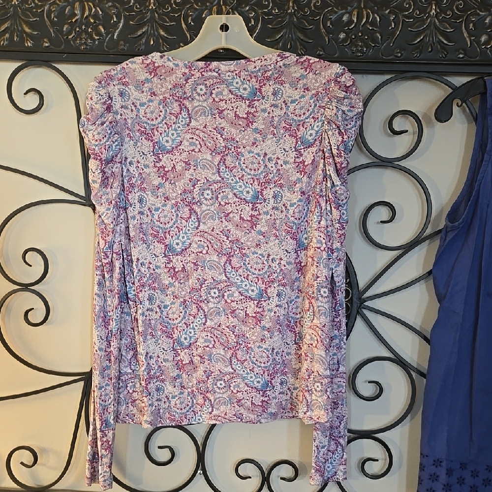 Retro Women's Paisley Long Sleeve Puffy Shoulder Top - Purple - Picture 4 of 4